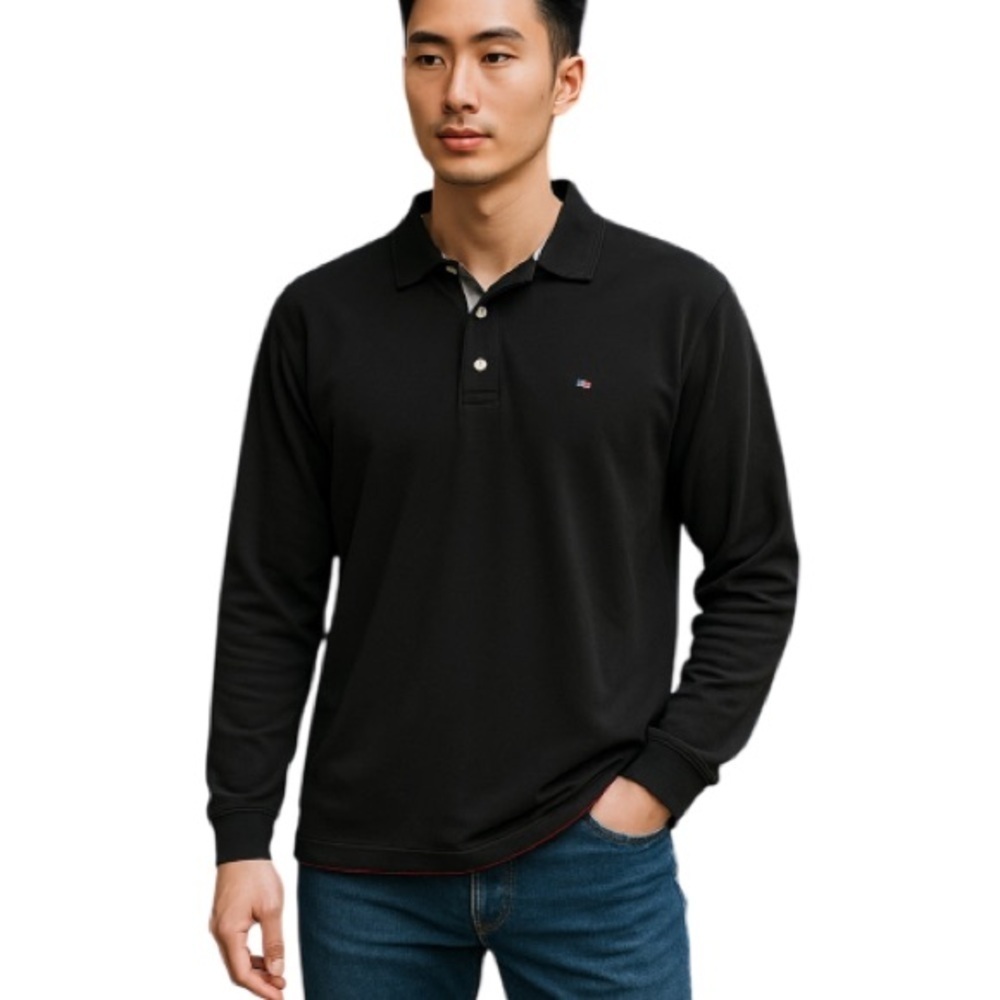 TOMMY HILFIGER Long Sleeve Polo Shirt Black Embroidered Logo Custom Fit Prep XL